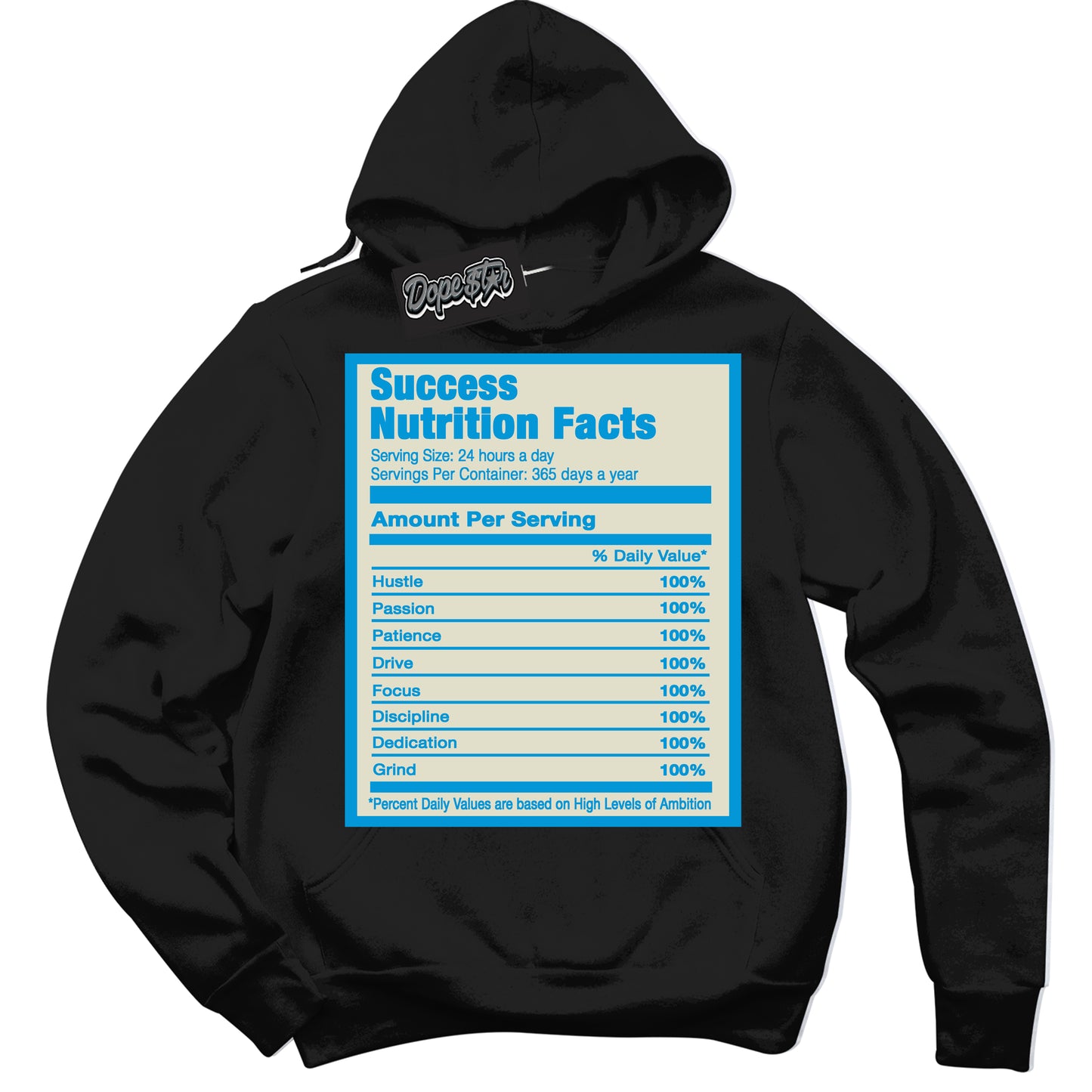 Cool Black Hoodie with “Success Nutrition” design that Perfectly Matches Coconut Milk University Blue Dunk.