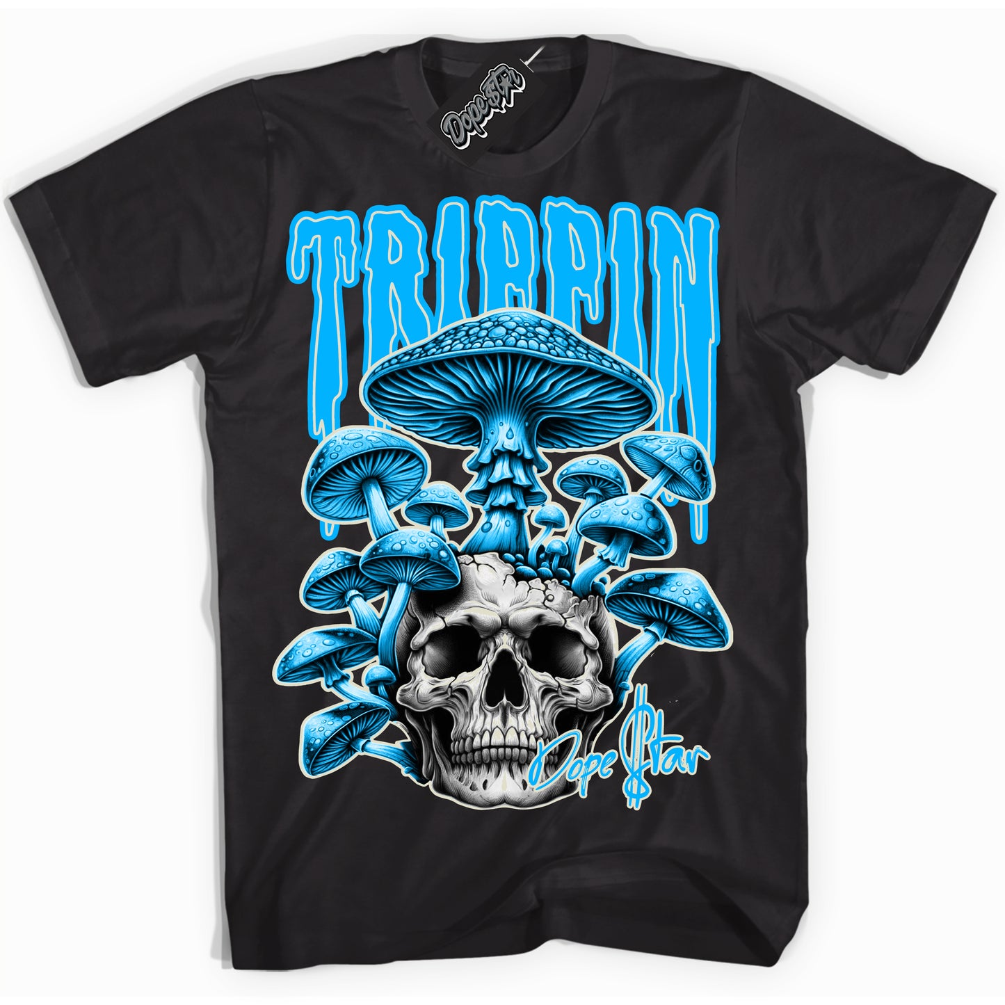 Cool Black Shirt with “Trippin” design that perfectly matches Coconut Milk University Blue Dunk.