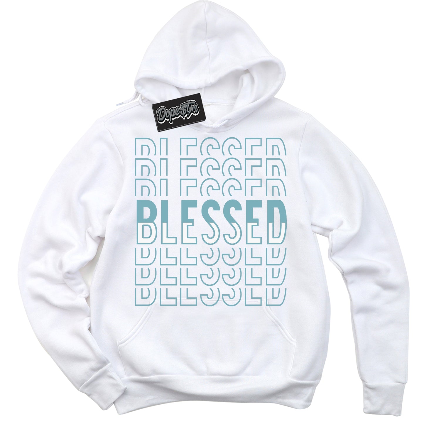 Cool White Hoodie with “Blessed Stacked” design that Perfectly Matches Denim Turquoise Dunk.