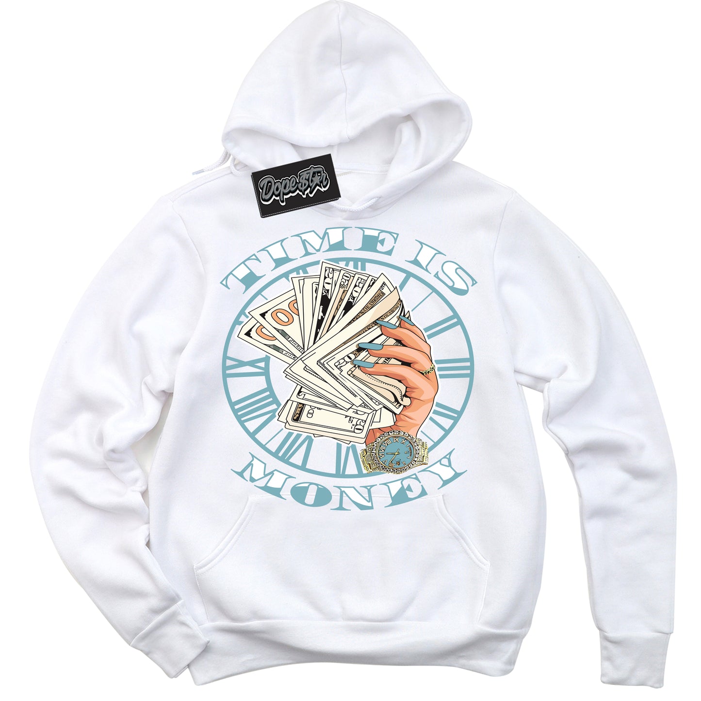 Cool White Hoodie with “Time Is Money” design that Perfectly Matches Denim Turquoise Dunk.