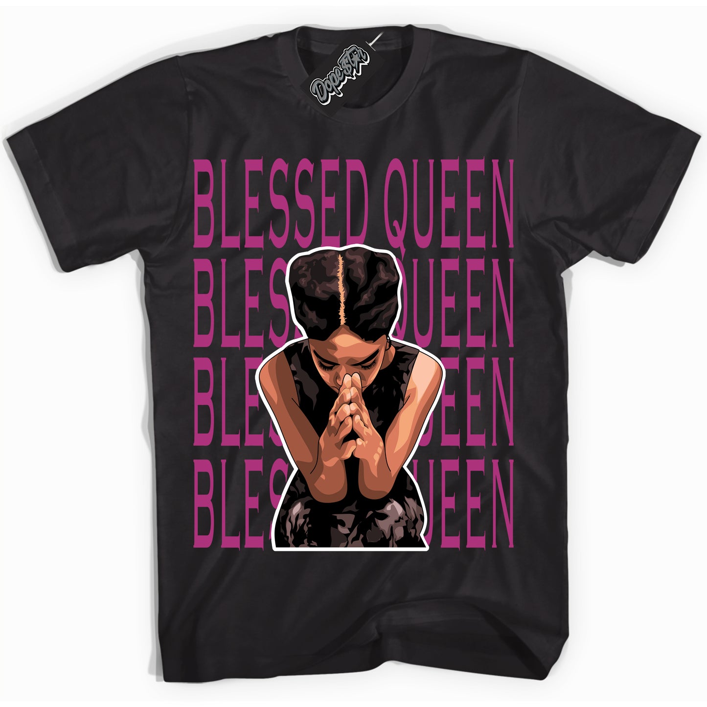 Cool Black Shirt with “Blessed Queen” design that perfectly matches Next Nature Hot Fuchsia Dunk.