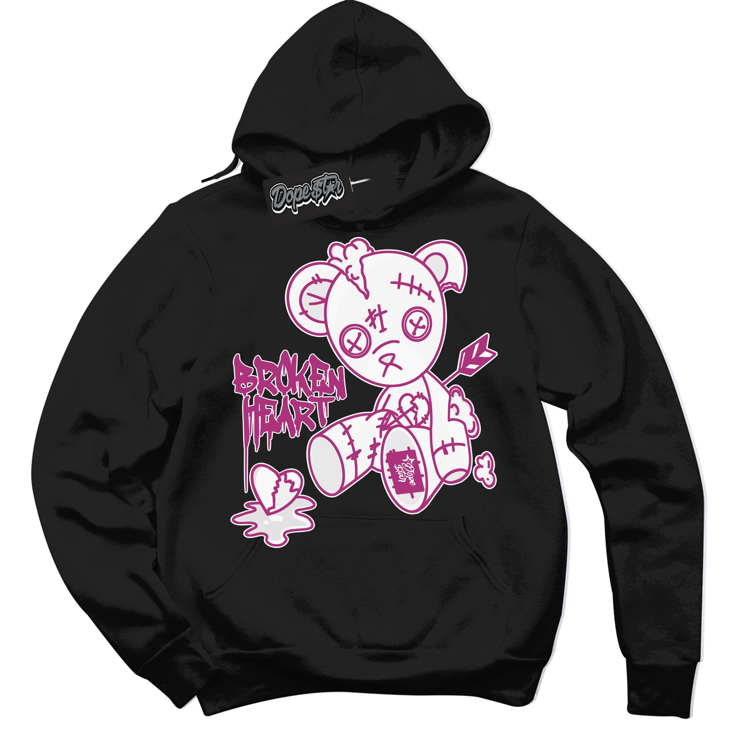 Cool Black Hoodie with “Broken Heart Bear” design that Perfectly Matches Next Nature Hot Fuchsia Dunk.