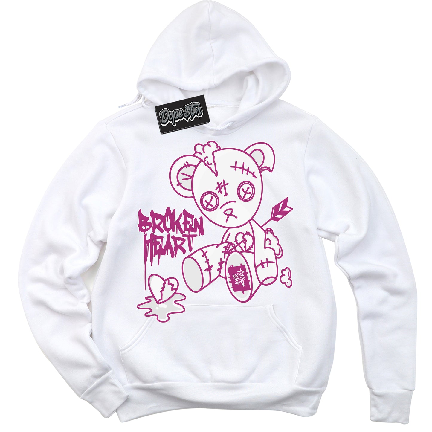 Cool White Hoodie with “Broken Heart Bear” design that Perfectly Matches Next Nature Hot Fuchsia Dunk.
