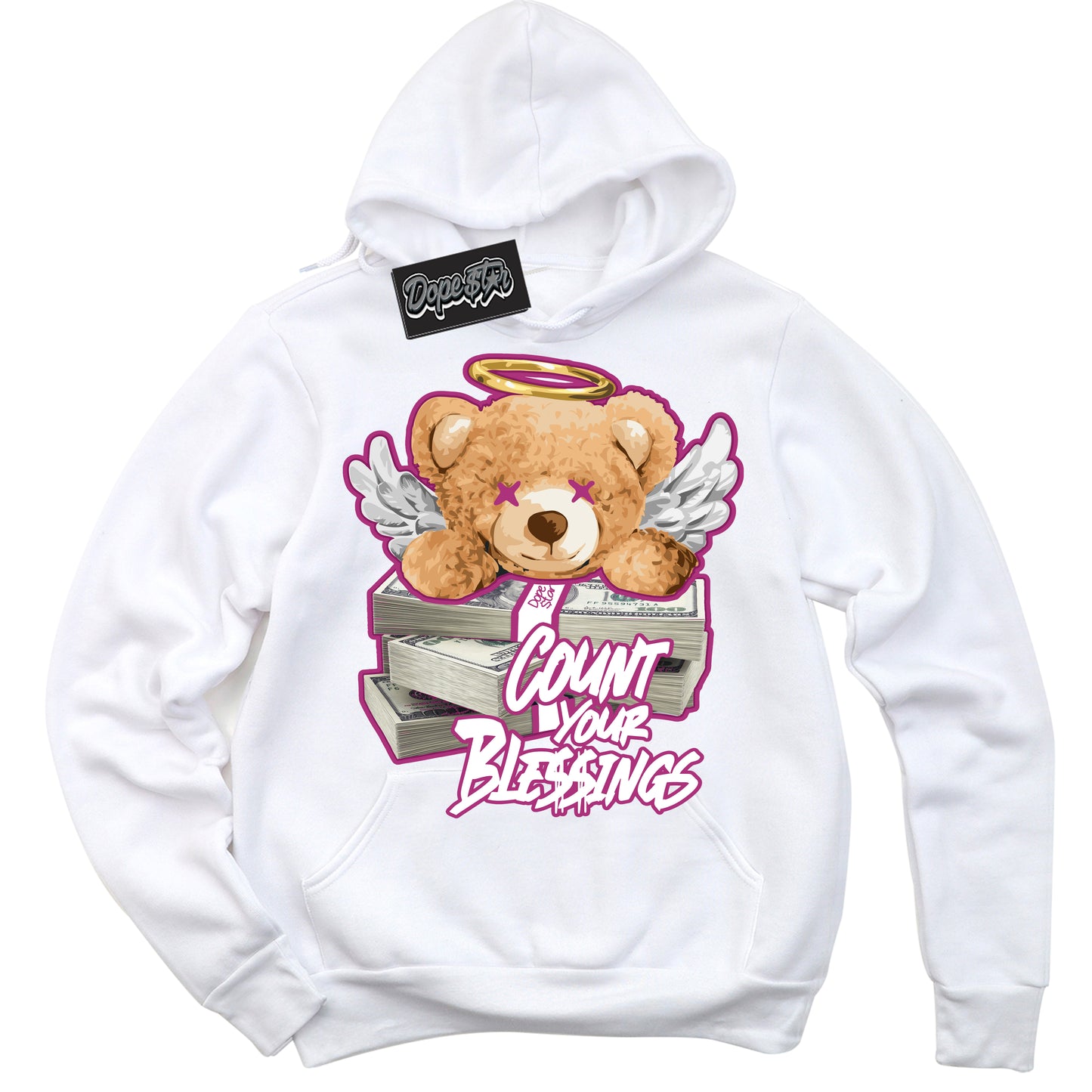 Cool White Hoodie with “Count Your Blessings” design that Perfectly Matches Next Nature Hot Fuchsia Dunk.
