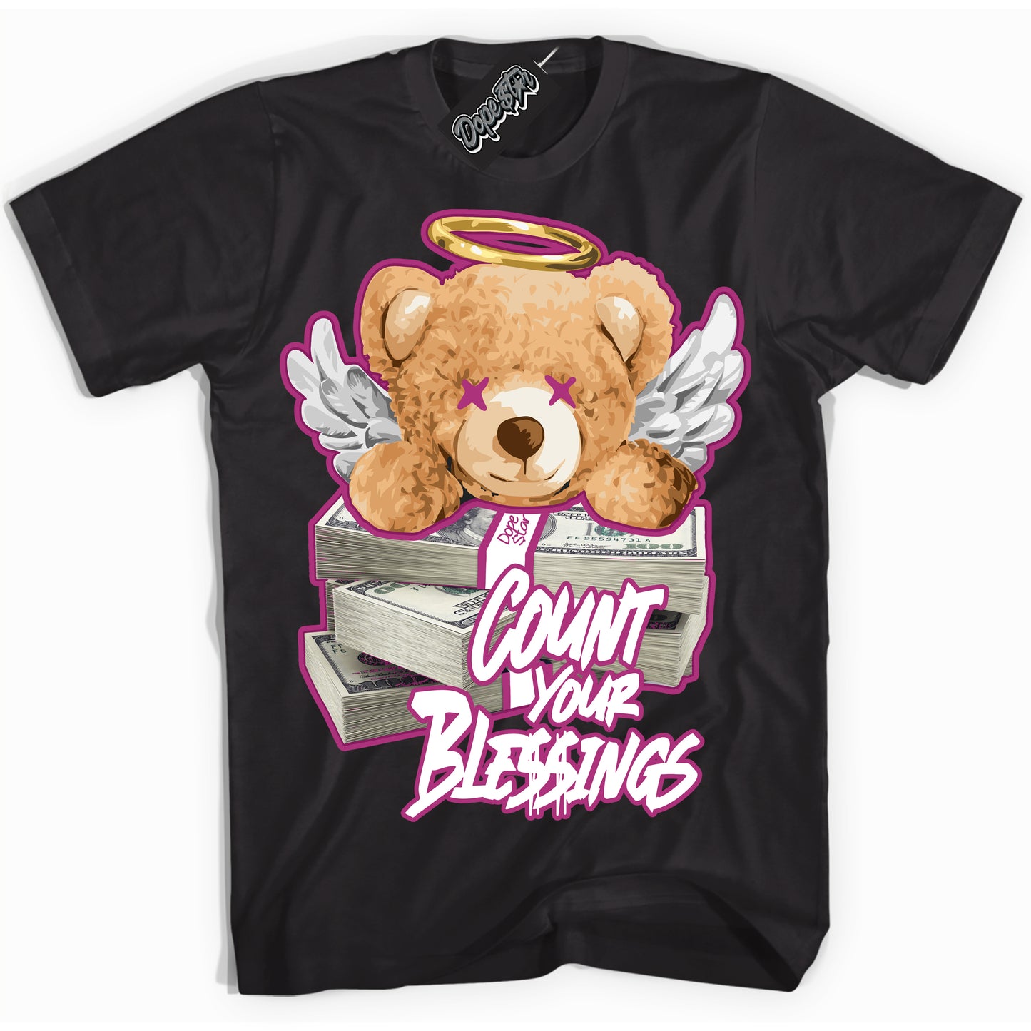 Cool Black Shirt with “Count Your Blessings” design that perfectly matches Next Nature Hot Fuchsia Dunk.