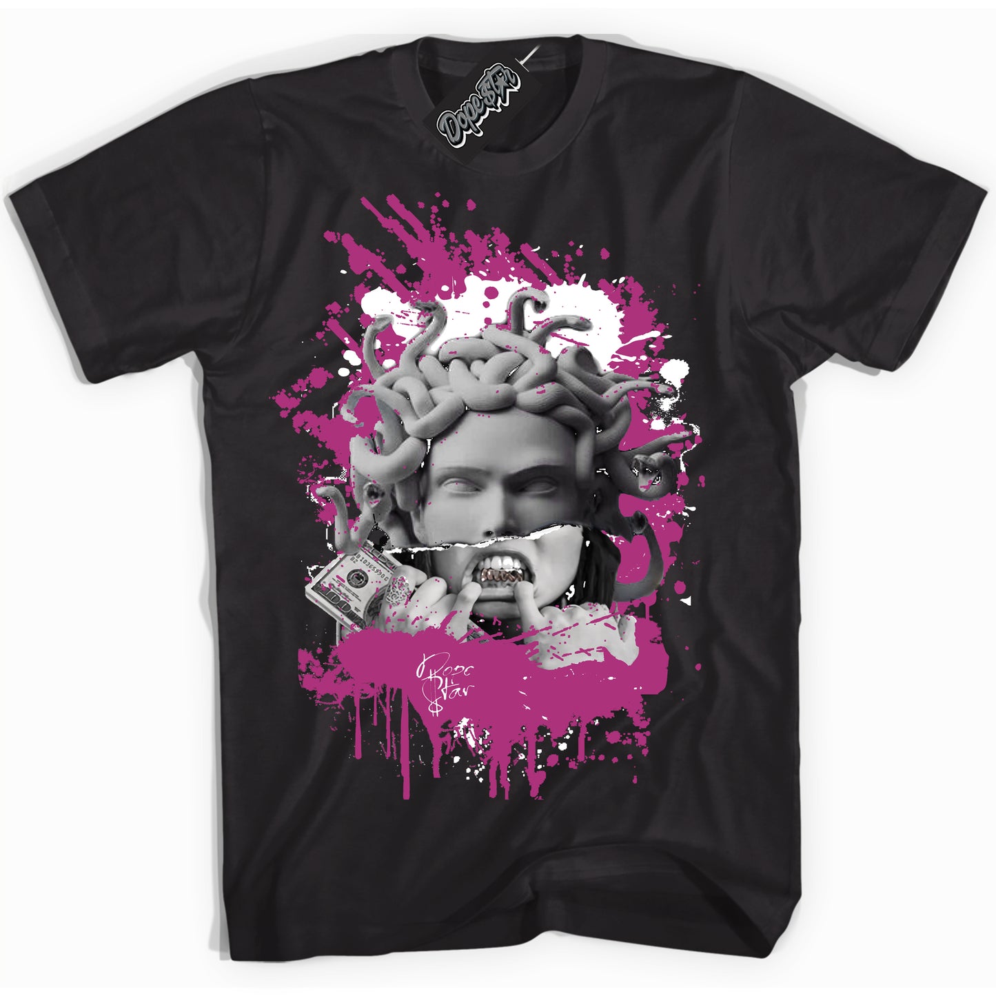 Cool Black Shirt with “Medusa” design that perfectly matches Next Nature Hot Fuchsia Dunk.