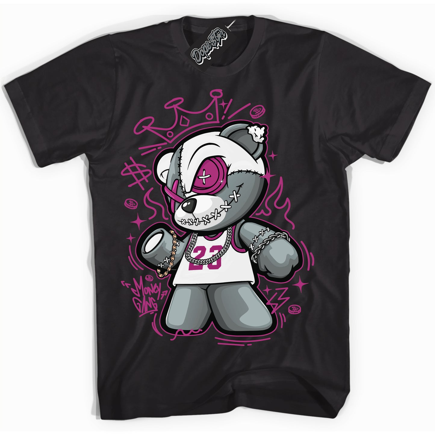 Cool Black Shirt with “Money Gang Bear” design that perfectly matches Next Nature Hot Fuchsia Dunk.