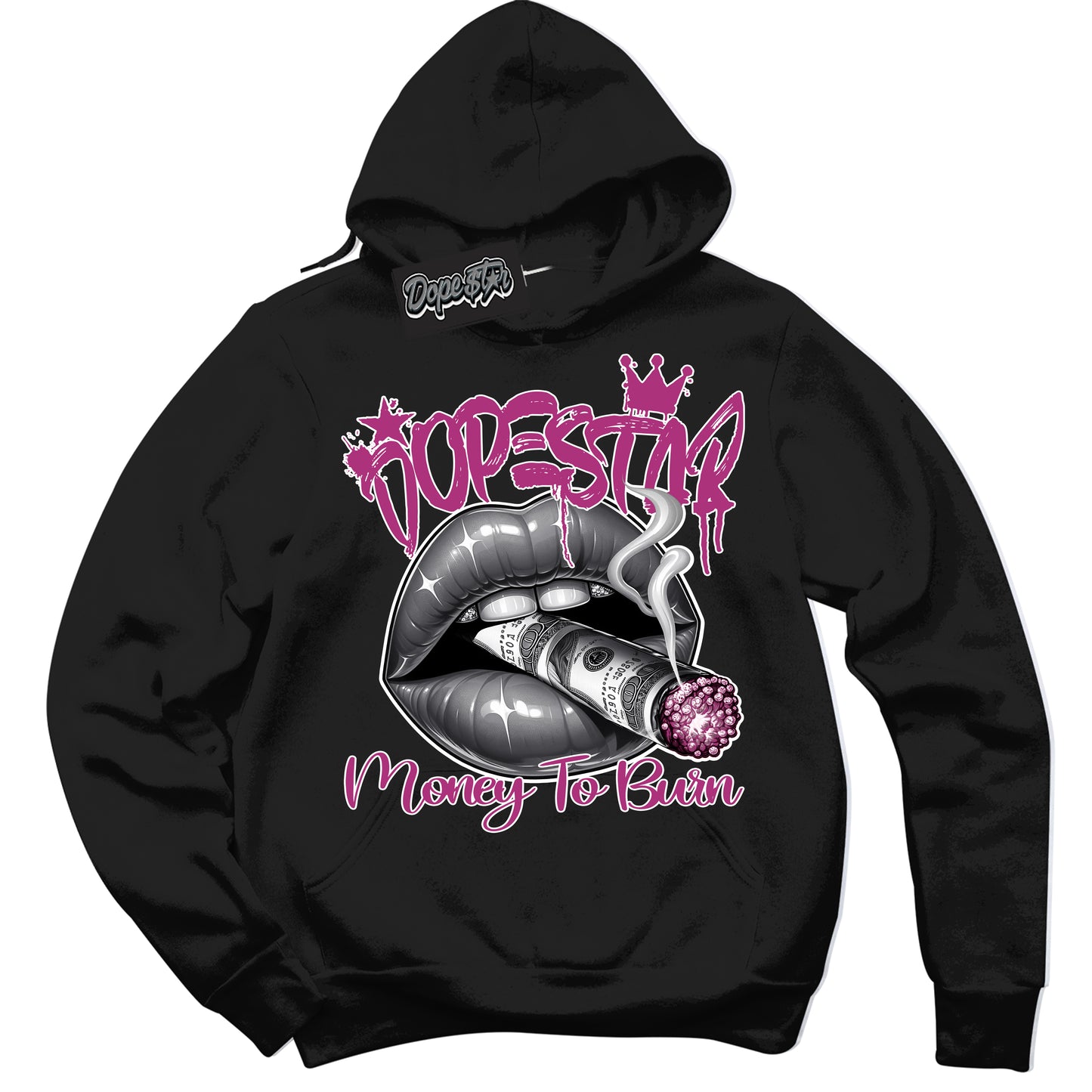 Cool Black Hoodie with “Money To Burn” design that Perfectly Matches Next Nature Hot Fuchsia Dunk.