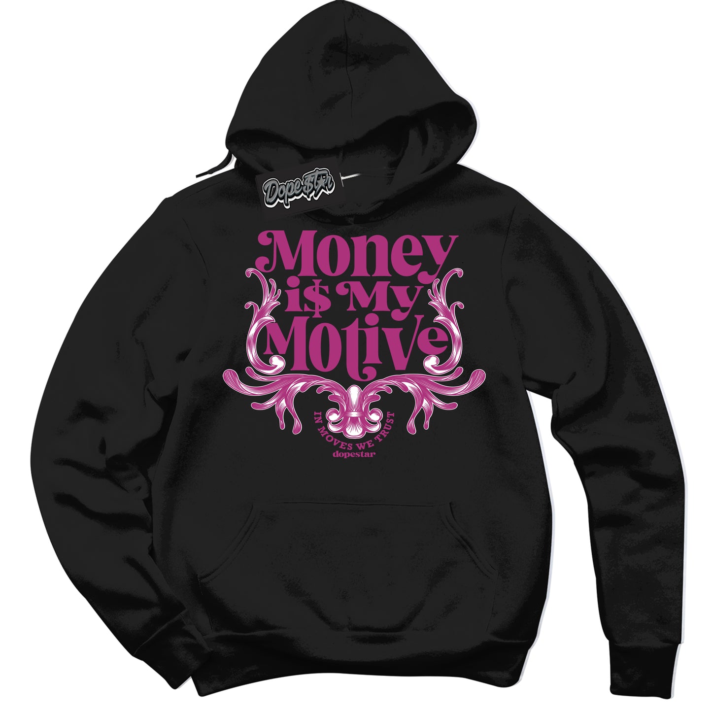 Cool Black Hoodie with “Money Is My Motive” design that Perfectly Matches Next Nature Hot Fuchsia Dunk.