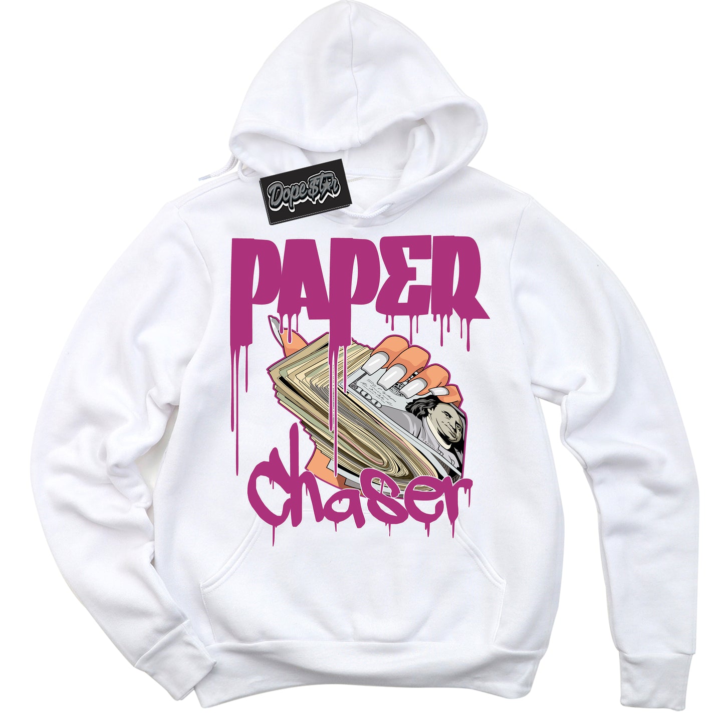 Cool White Hoodie with “Paper Chaser” design that Perfectly Matches Next Nature Hot Fuchsia Dunk.