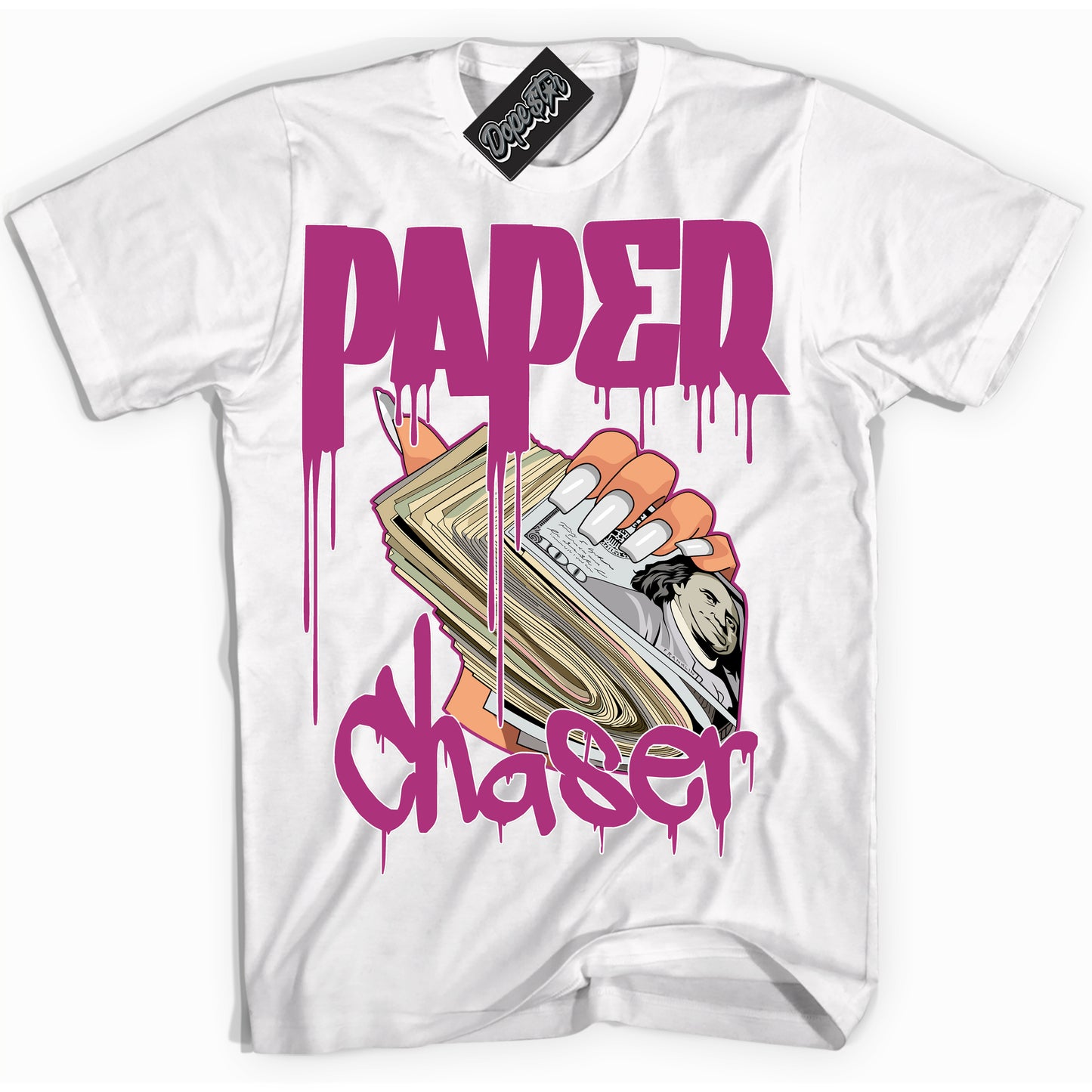 Cool White Shirt with “Paper Chaser” design that perfectly matches Next Nature Hot Fuchsia Dunk.