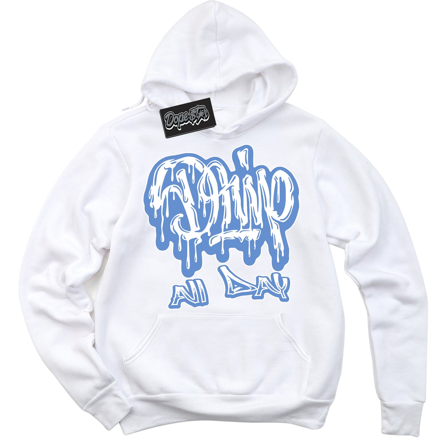Cool White Hoodie with “ Drip All Day ” design that Perfectly Matches Polar Blue Dunk.