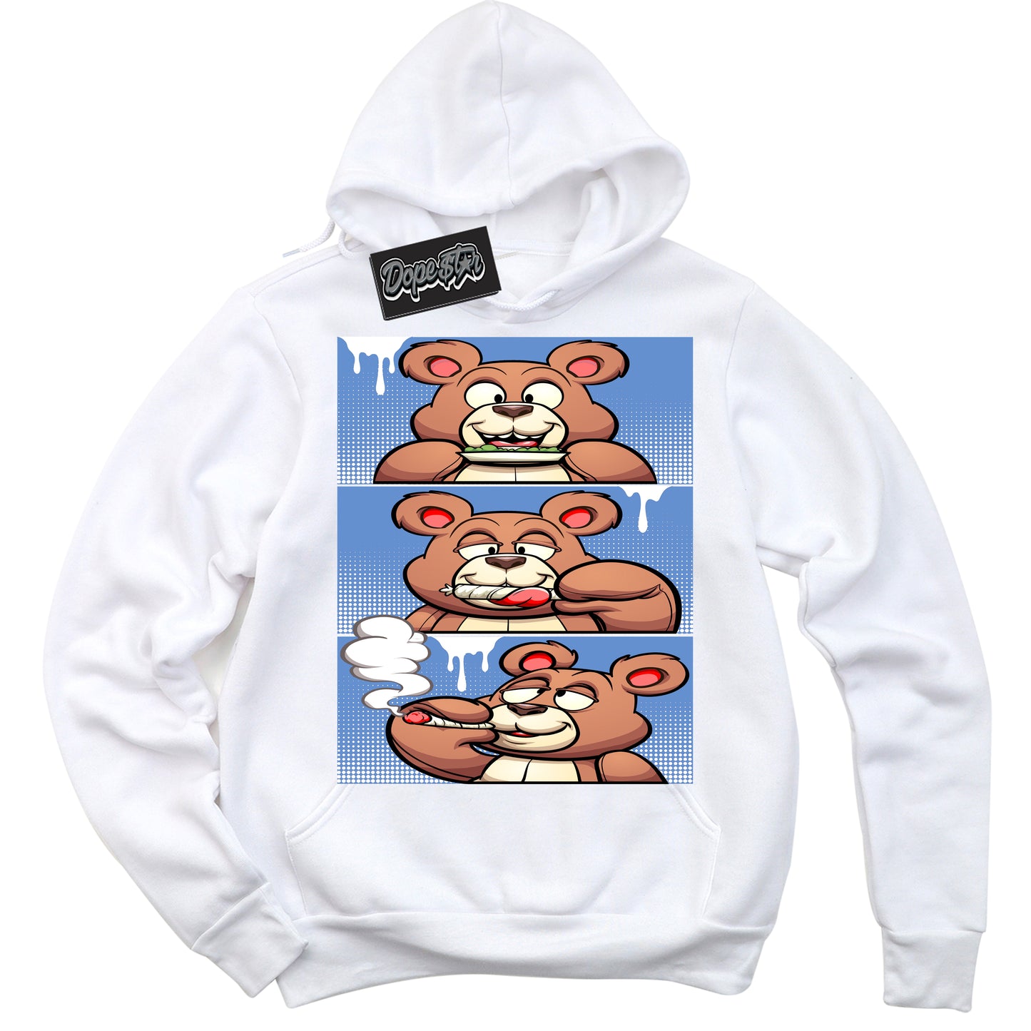 Cool White Hoodie with “ Roll It Lick It Smoke It Bear ” design that Perfectly Matches Polar Blue Dunk.