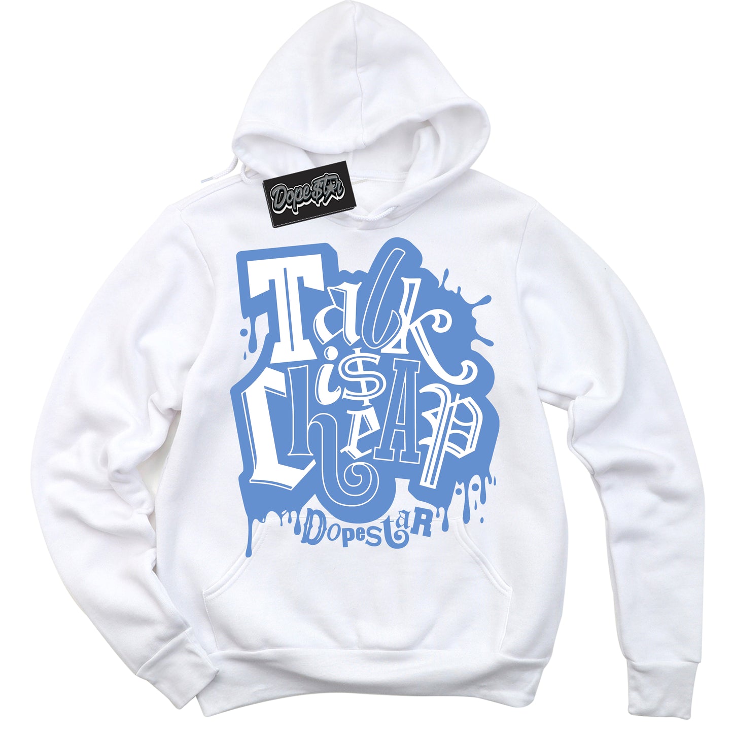 Cool White Hoodie with “ Talk Is Cheap ” design that Perfectly Matches Polar Blue Dunk.