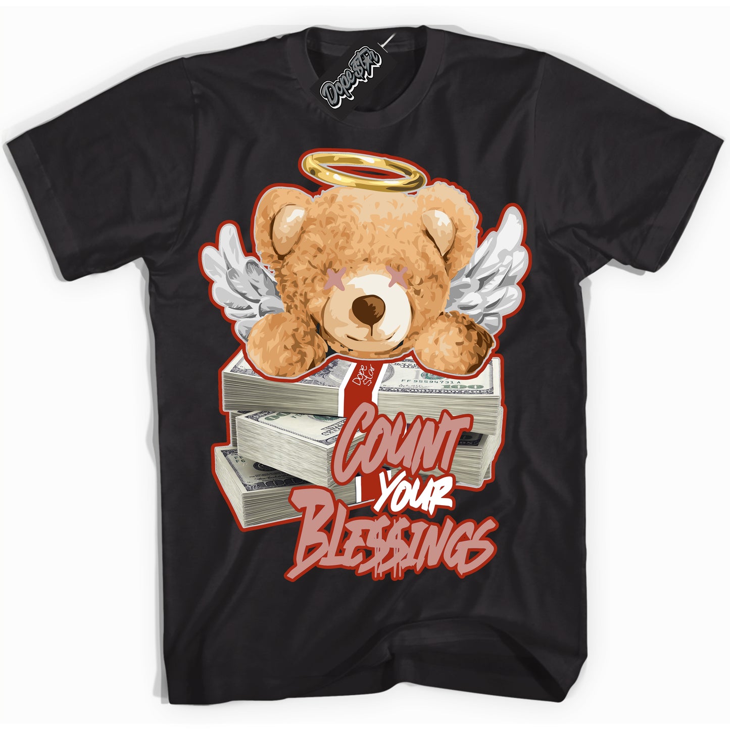Cool Black Shirt with “ Count Your Blessings” design that perfectly matches Red Stardust Dunk.