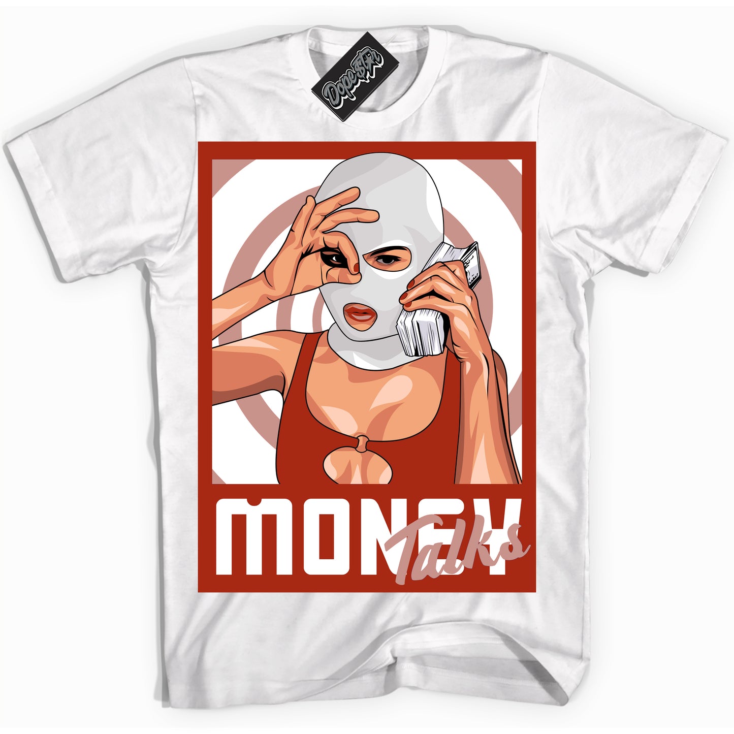 Cool White Shirt with “ Money Talks” design that perfectly matches Red Stardust Dunk.