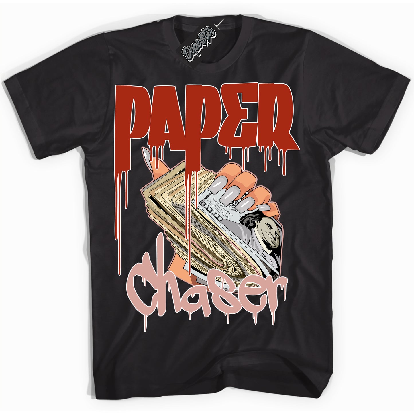 Cool Black Shirt with “Paper Chaser” design that perfectly matches Red Stardust Dunk.