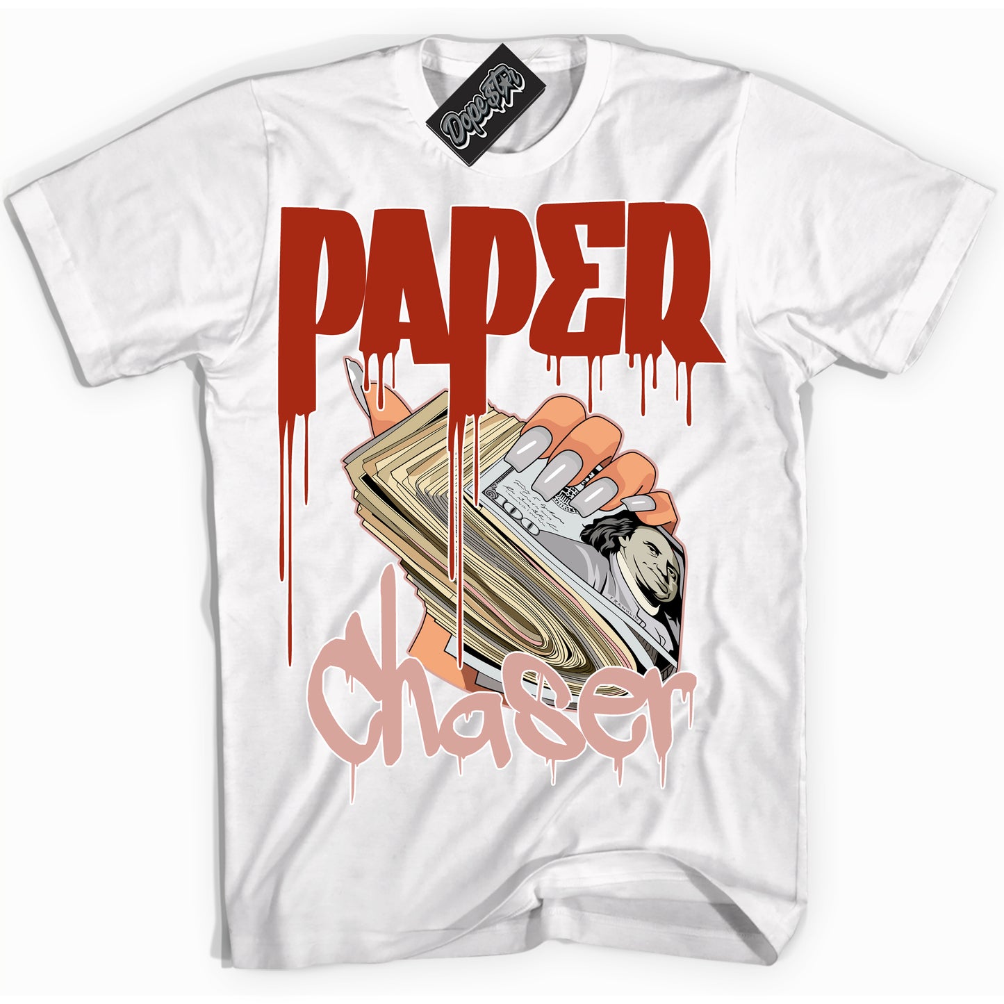 Cool White Shirt with “Paper Chaser” design that perfectly matches Red Stardust Dunk.