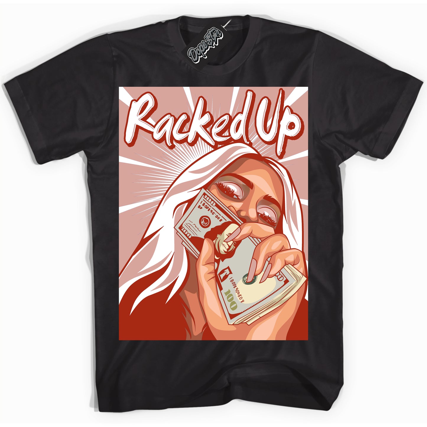 Cool Black Shirt with “ Racked Up” design that perfectly matches Red Stardust Dunk.