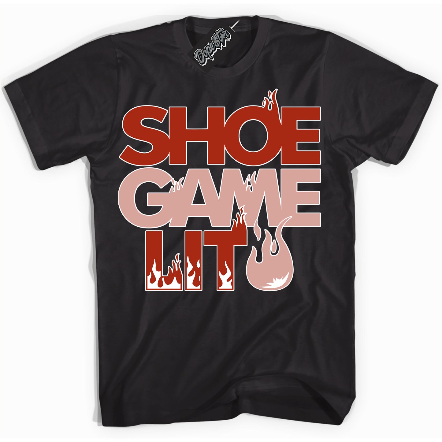 Cool Black Shirt with “ Shoe Game Lit” design that perfectly matches Red Stardust Dunk.