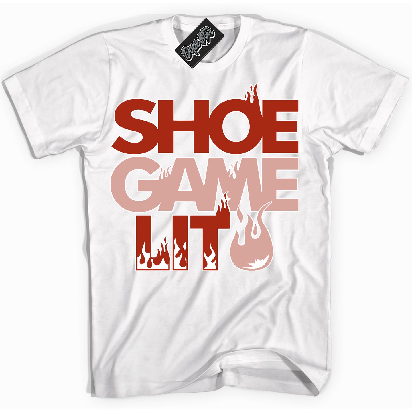 Cool White Shirt with “ Shoe Game Lit” design that perfectly matches Red Stardust Dunk.