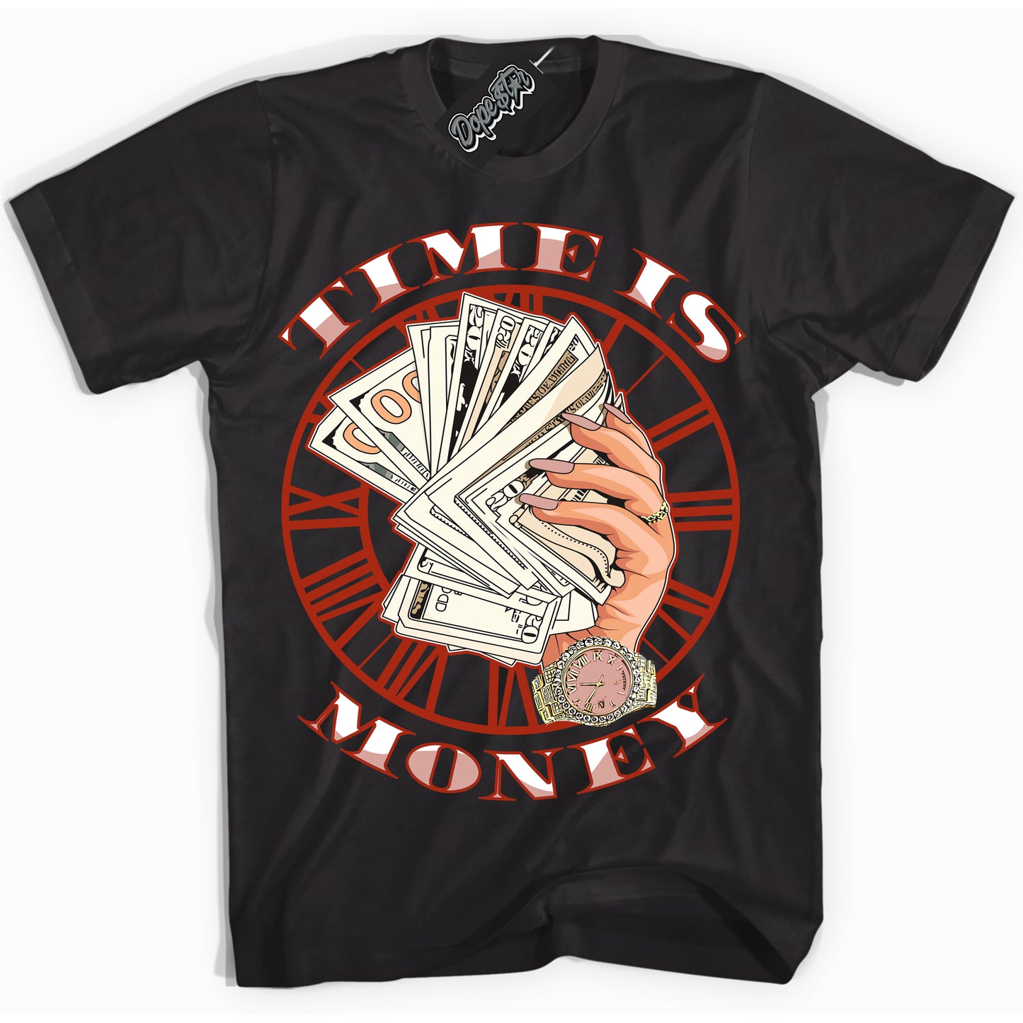 Cool Black Shirt with “ Time Is Money” design that perfectly matches Red Stardust Dunk.