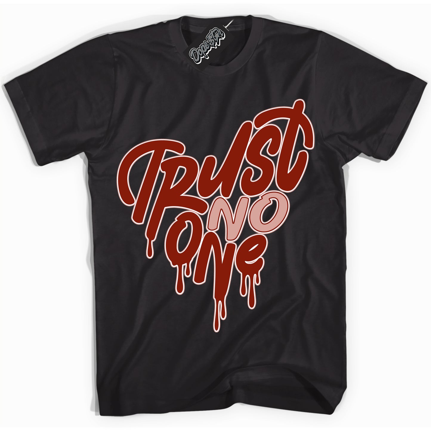 Cool Black Shirt with “Trust No One Heart” design that perfectly matches Red Stardust Dunk.