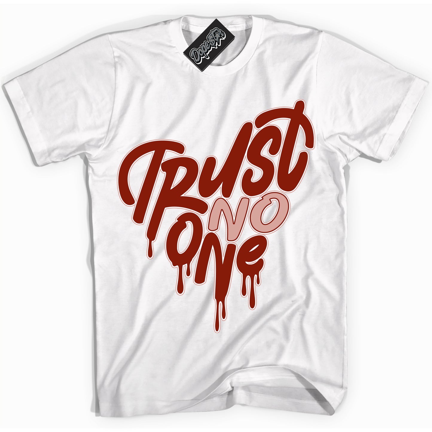 Cool White Shirt with “Trust No One Heart” design that perfectly matches Red Stardust Dunk.