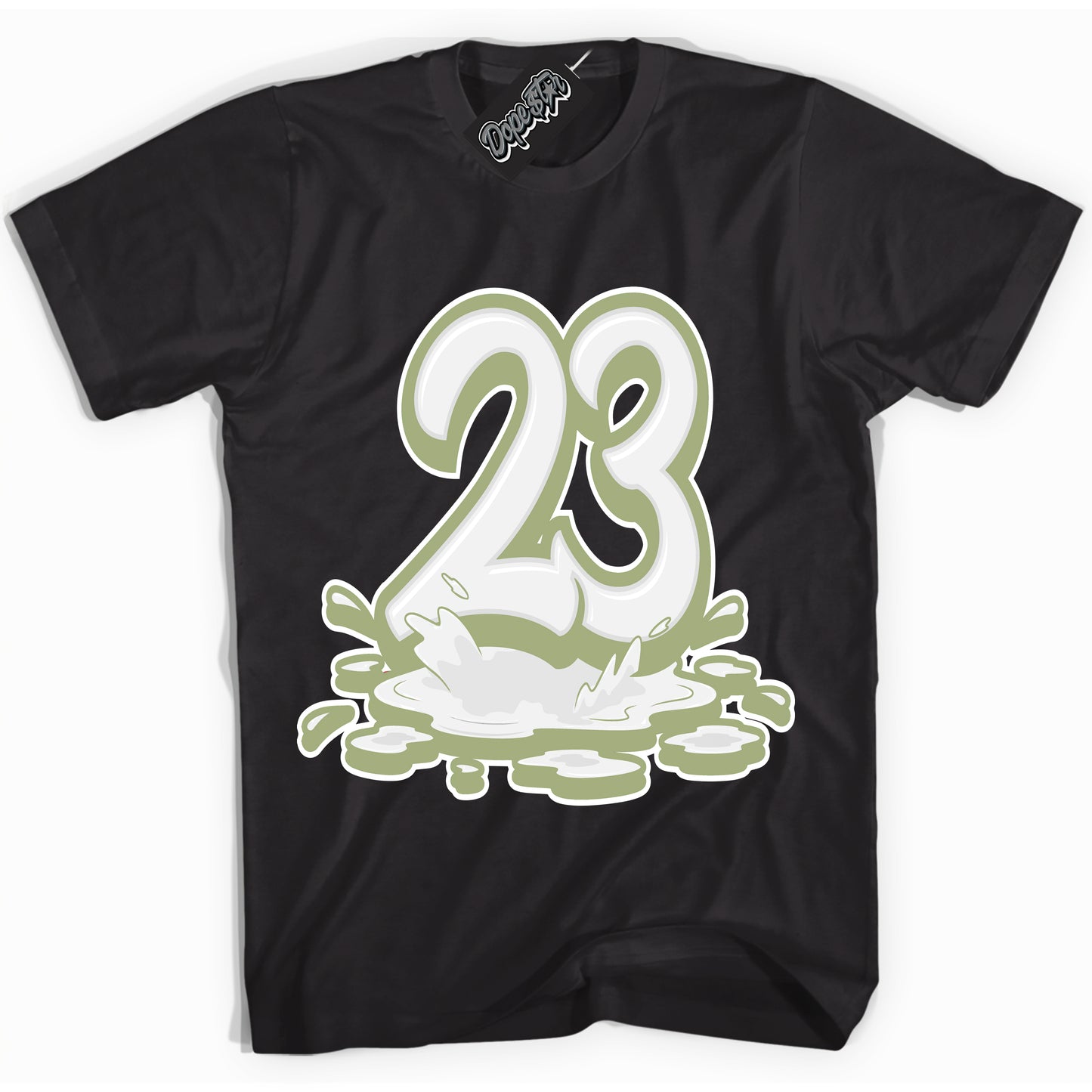 Cool Black Shirt with “23 Melting” design that perfectly matches Safari Oil Green Dunk.