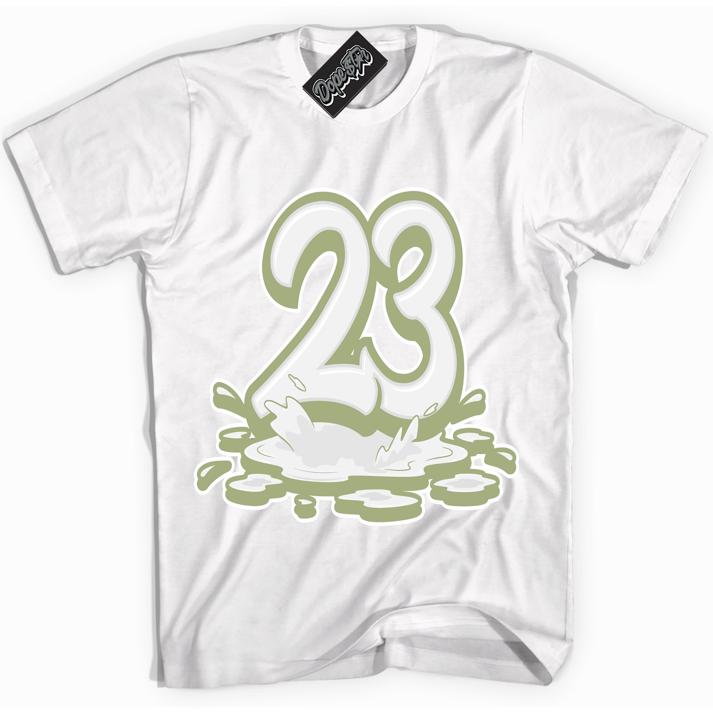 Cool White Shirt with “23 Melting” design that perfectly matches Safari Oil Green Dunk.