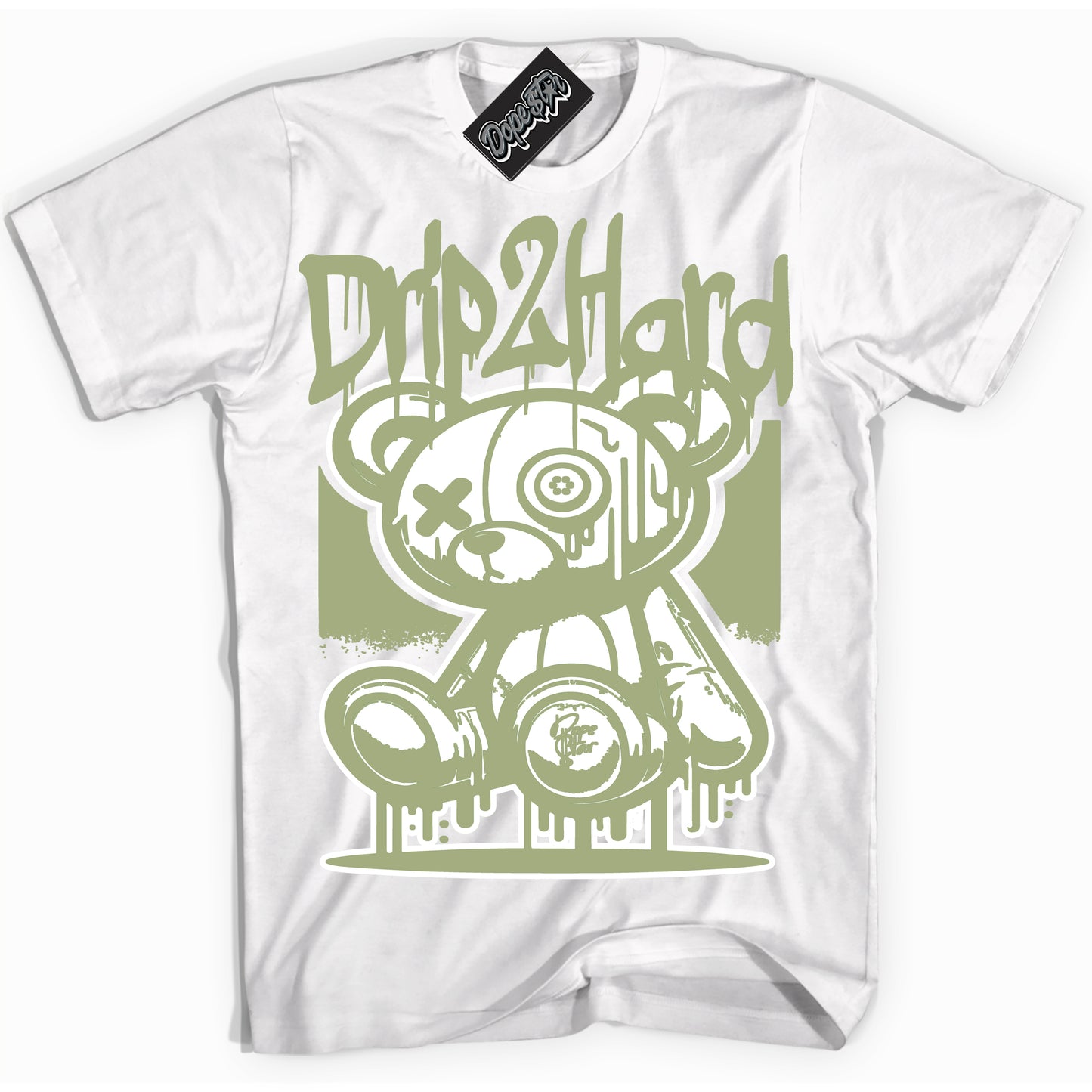 Cool White Shirt with “Drip 2 Hard” design that perfectly matches Safari Oil Green Dunk.