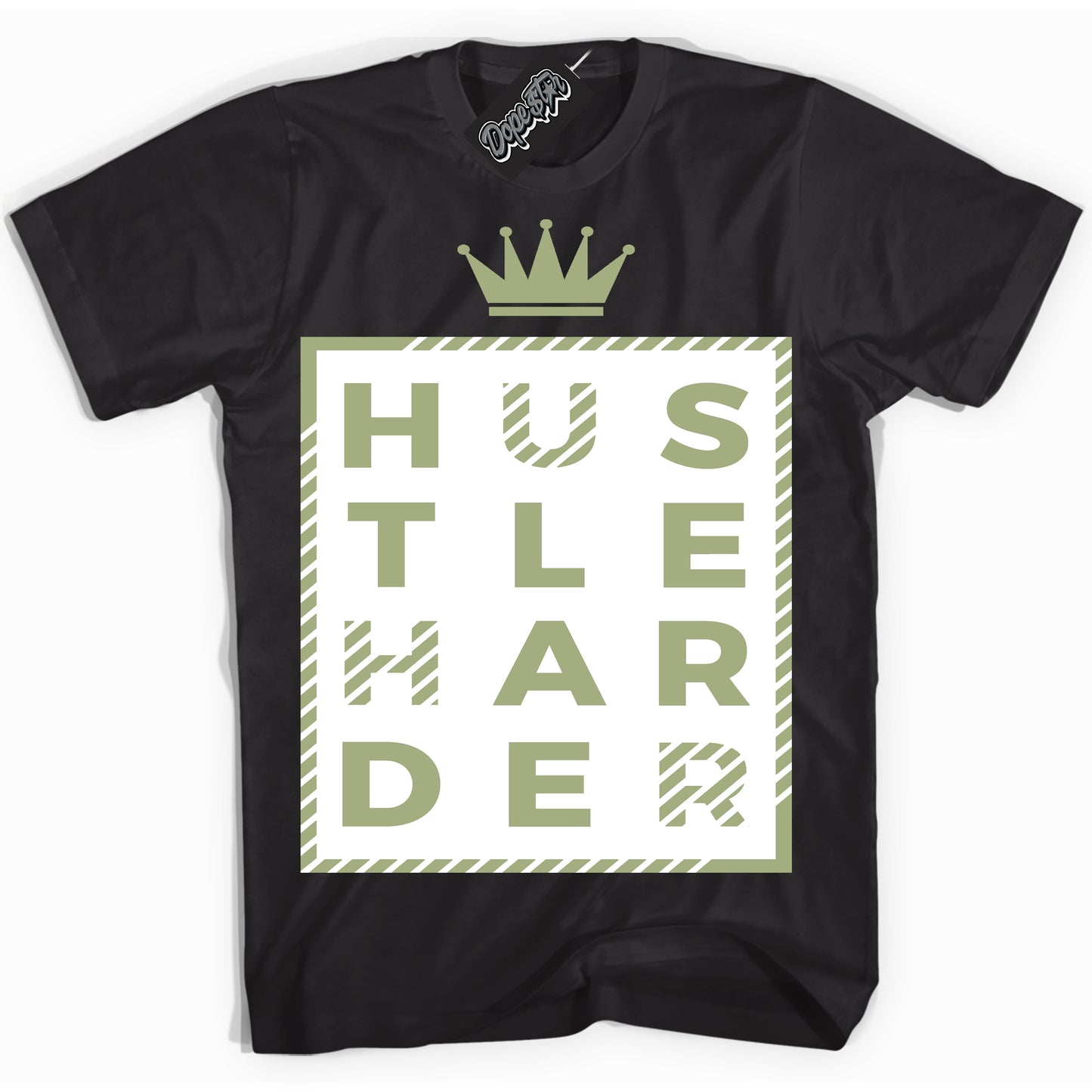 Cool Black Shirt with “Hustle Harder” design that perfectly matches Safari Oil Green Dunk.