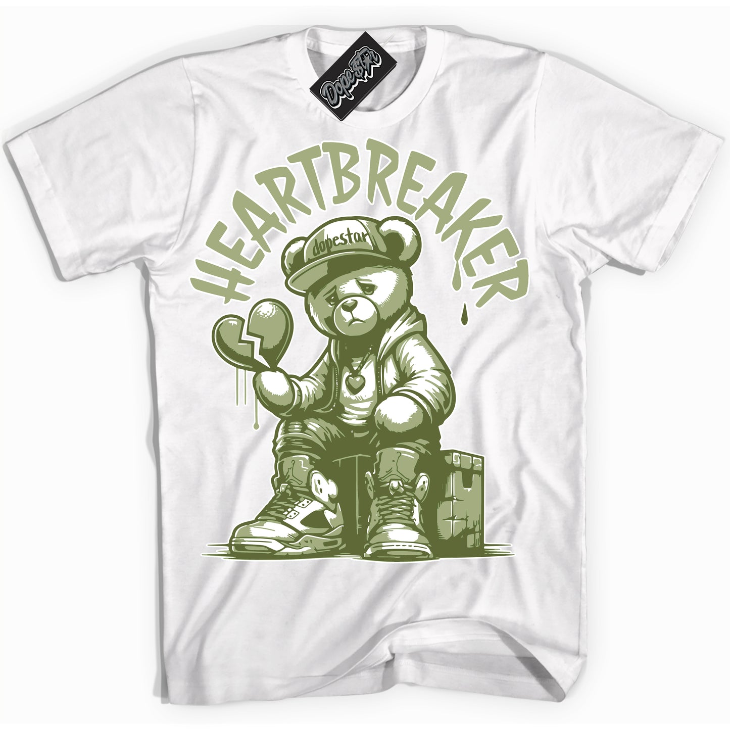 Cool White Shirt with “Heartbreaker Bear” design that perfectly matches Safari Oil Green Dunk.