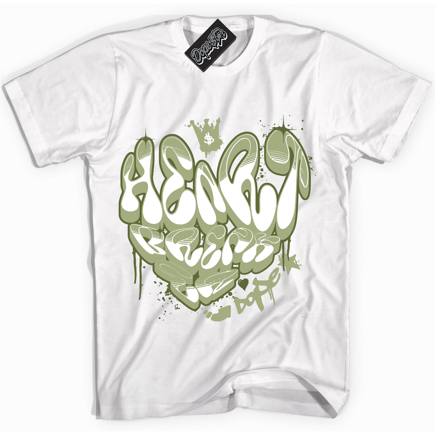 Cool White Shirt with “Heartbreaker Graffiti” design that perfectly matches Safari Oil Green Dunk.