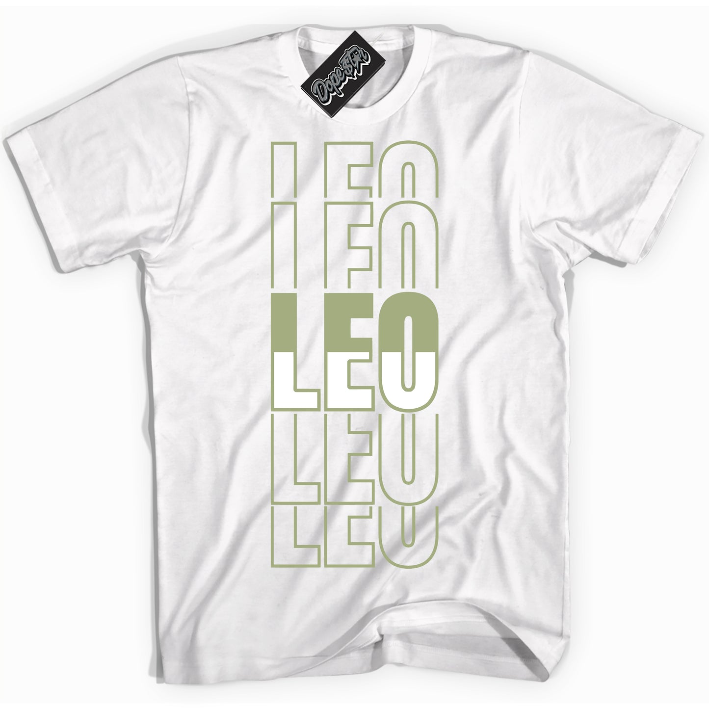 Cool White Shirt with “Leo” design that perfectly matches Safari Oil Green Dunk.