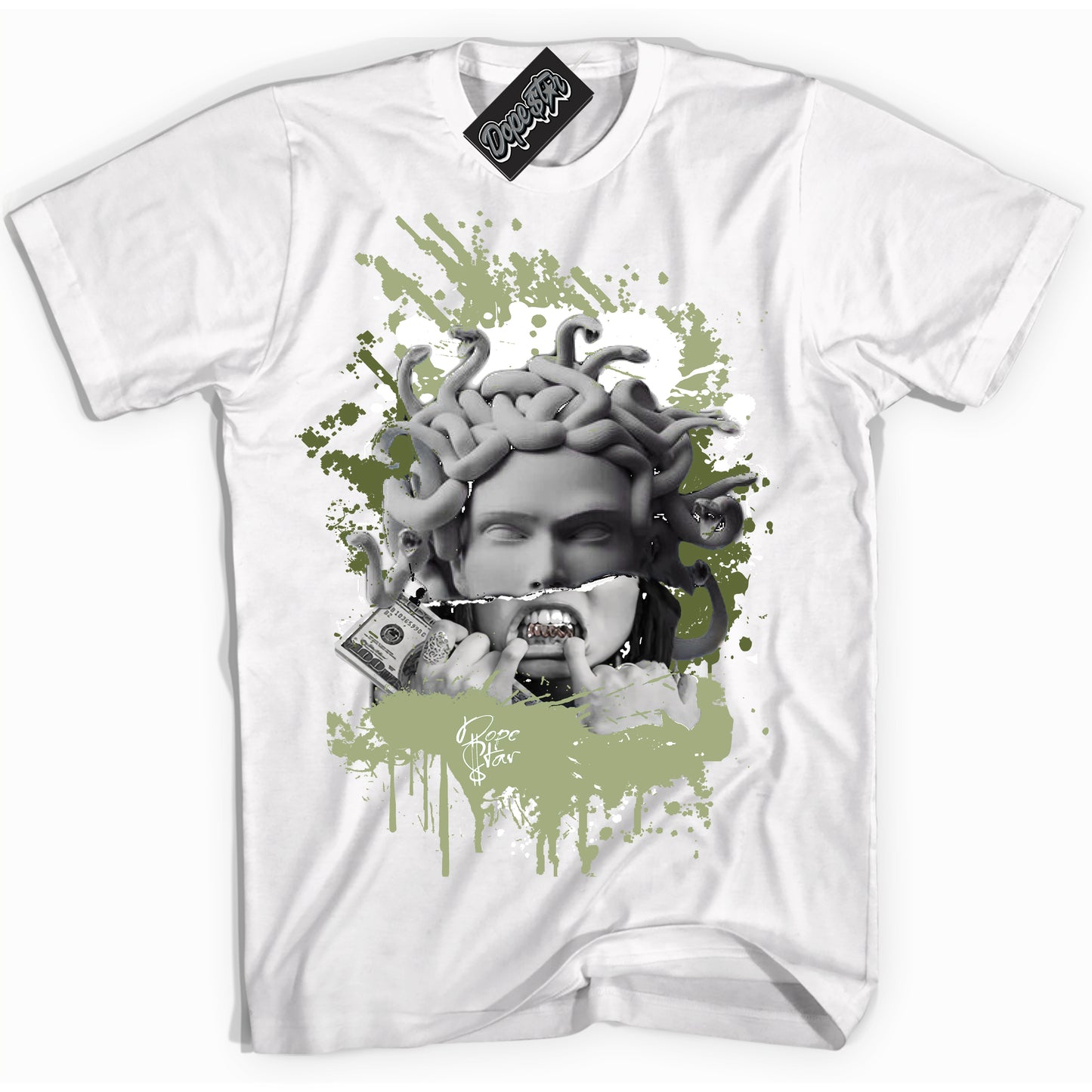Cool White Shirt with “Medusa ” design that perfectly matches Safari Oil Green Dunk.