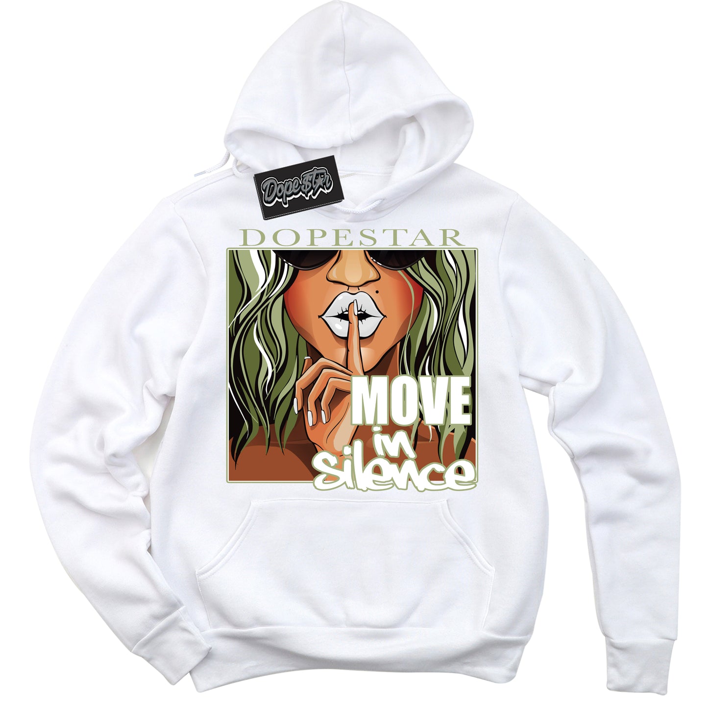 Cool White Hoodie with “Move In Silence” design that Perfectly Matches Safari Oil Green Dunk.