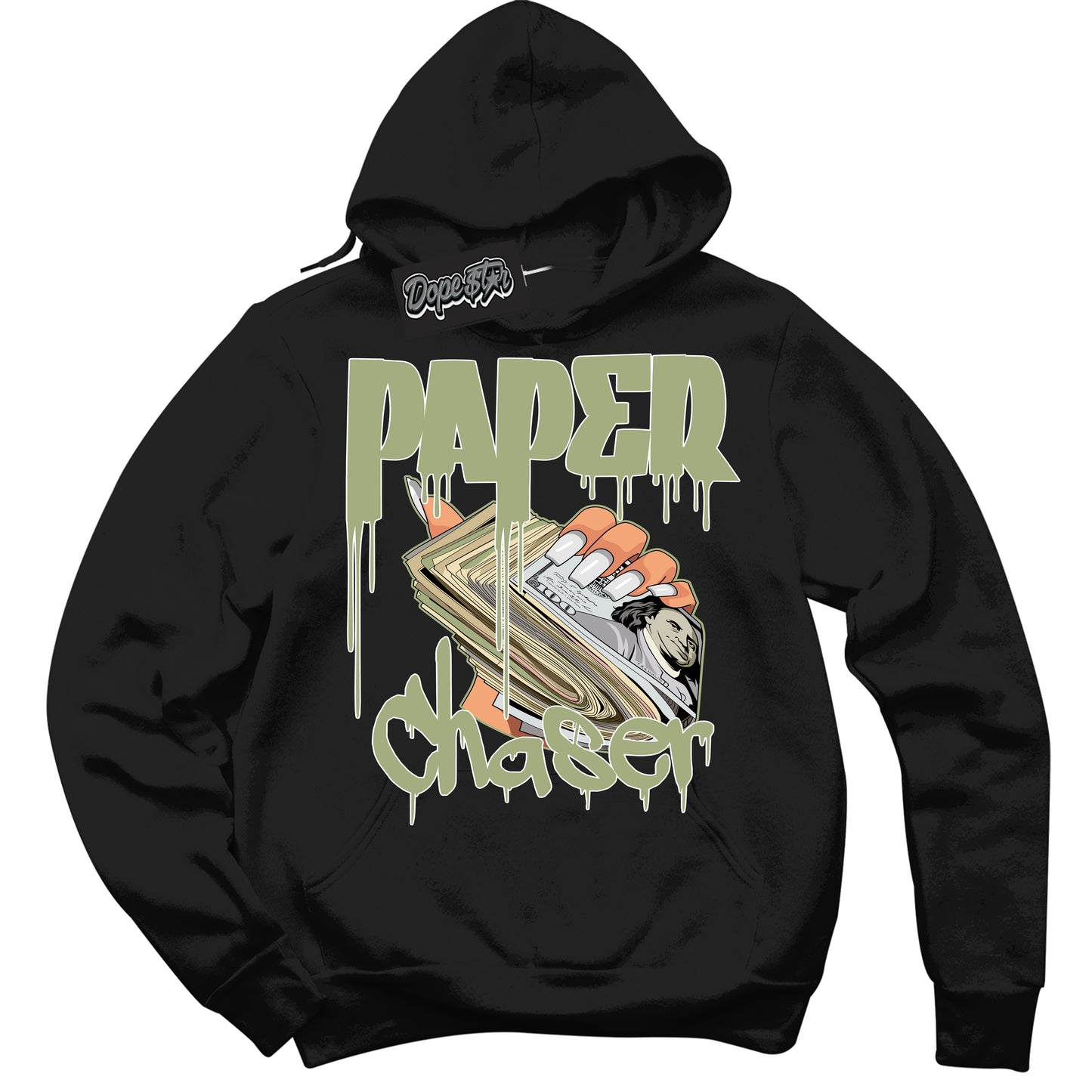 Cool Black Hoodie with “Paper Chaser” design that Perfectly Matches Safari Oil Green Dunk.