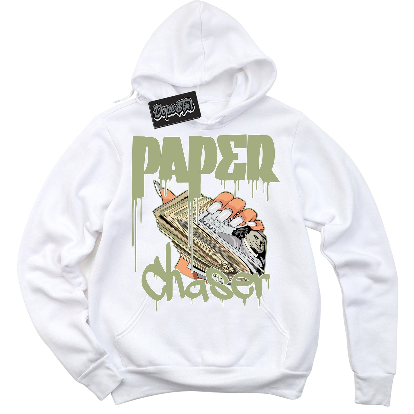 Cool White Hoodie with “Paper Chaser” design that Perfectly Matches Safari Oil Green Dunk.
