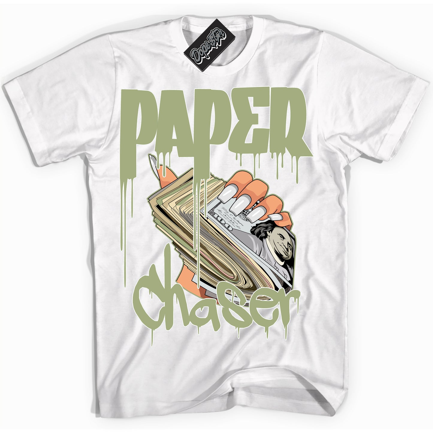 Cool White Shirt with “Paper Chaser” design that perfectly matches Safari Oil Green Dunk.