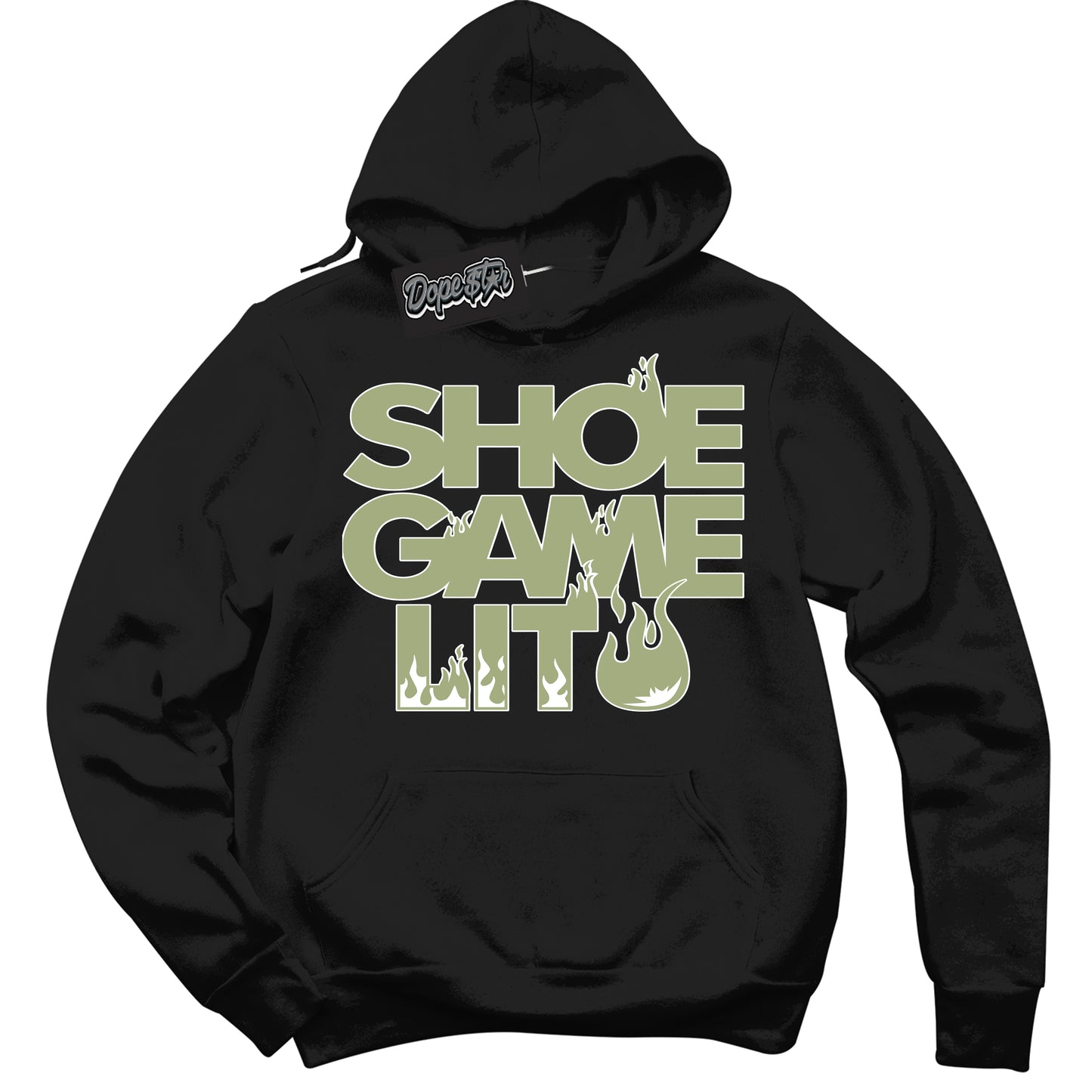 Cool Black Hoodie with “Shoe Game Lit ” design that Perfectly Matches Safari Oil Green Dunk.