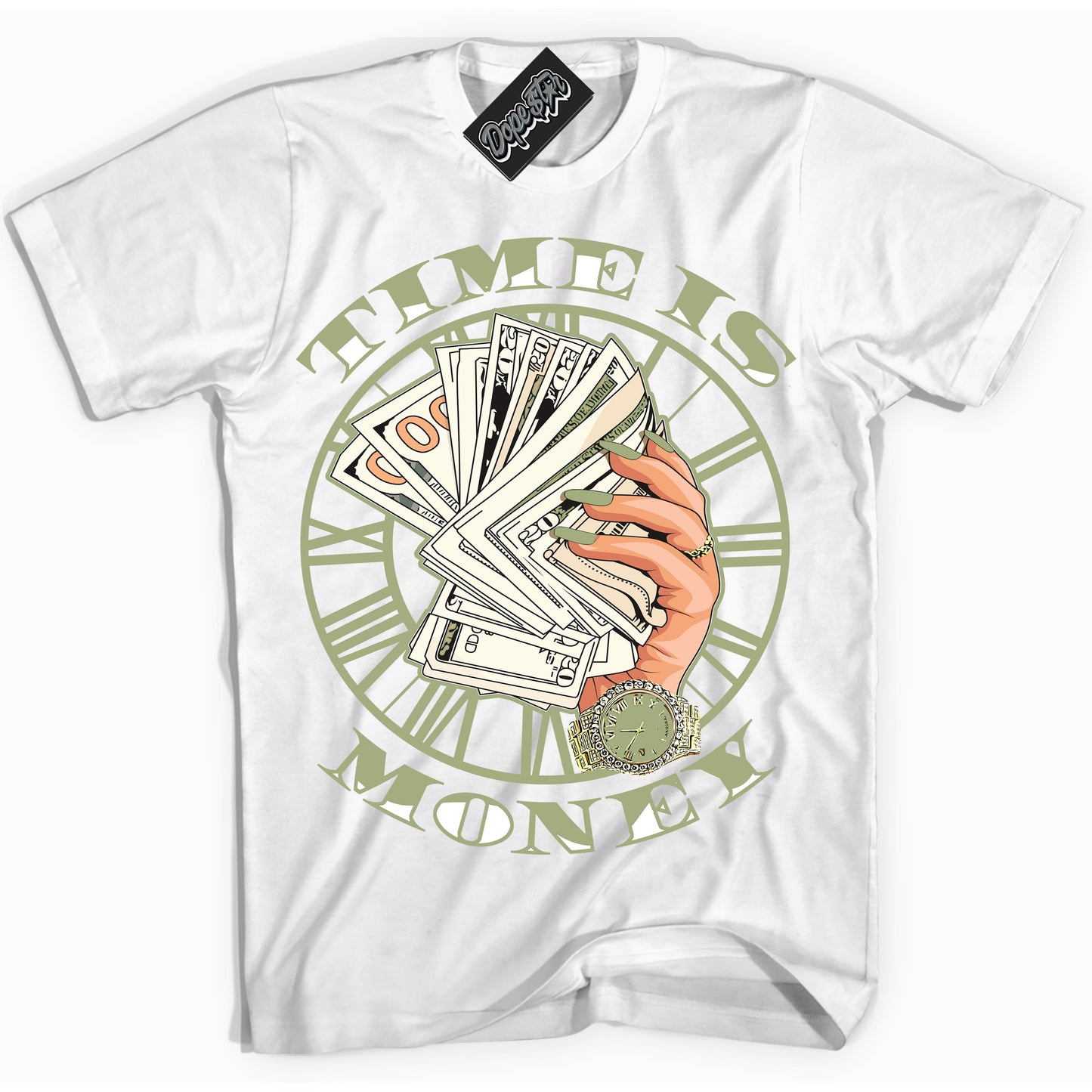 Cool White Shirt with “Time Is Money” design that perfectly matches Safari Oil Green Dunk.