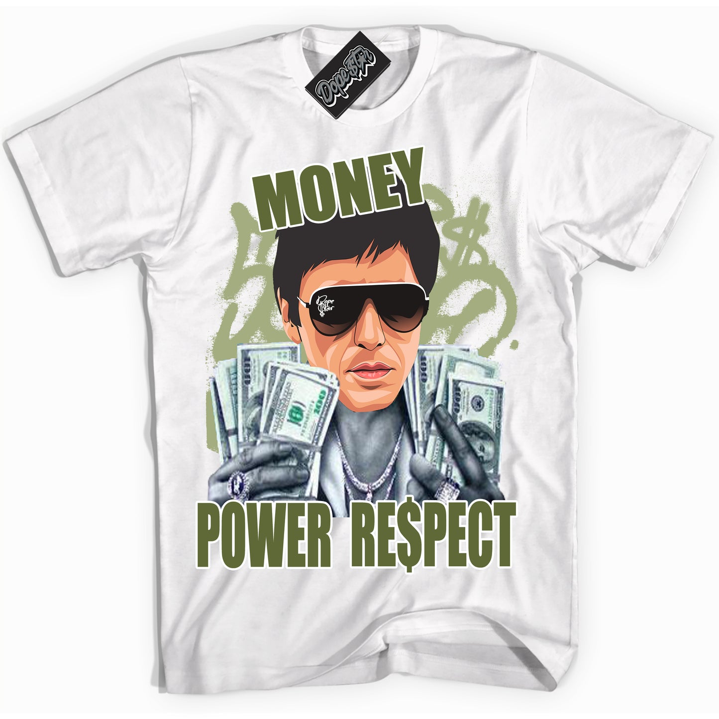 Cool White Shirt with “Tony Montana” design that perfectly matches Safari Oil Green Dunk.