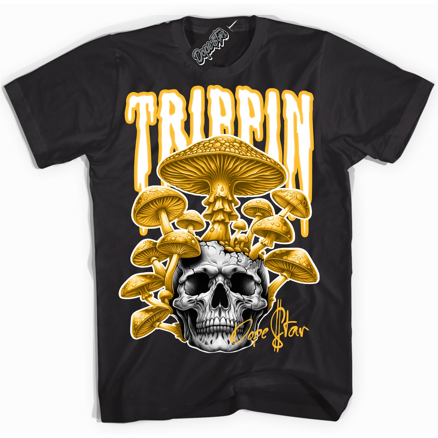 Cool Black Shirt with “Trippin” design that perfectly matches White University Gold Dunk.