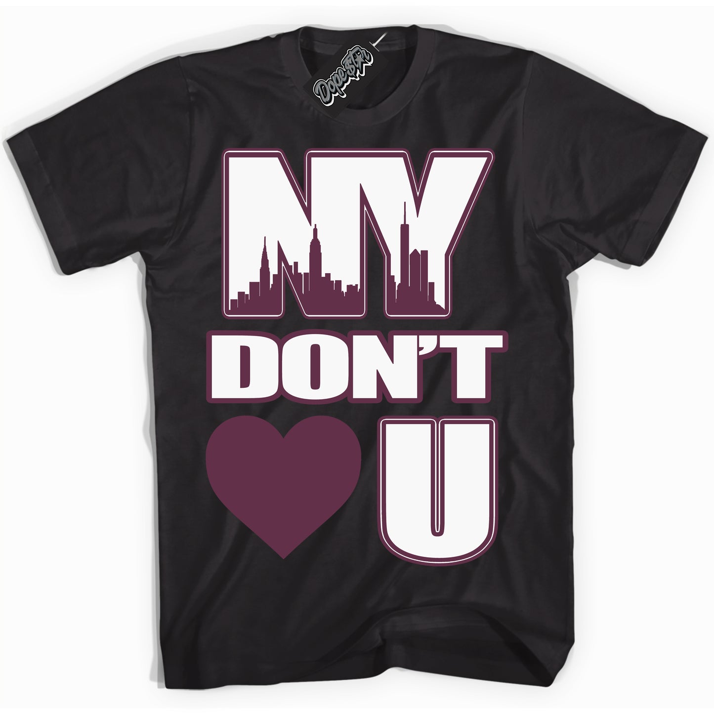 Cool Black Shirt with “ NY Don't Love You” design that perfectly matches White Viotech Dunks.