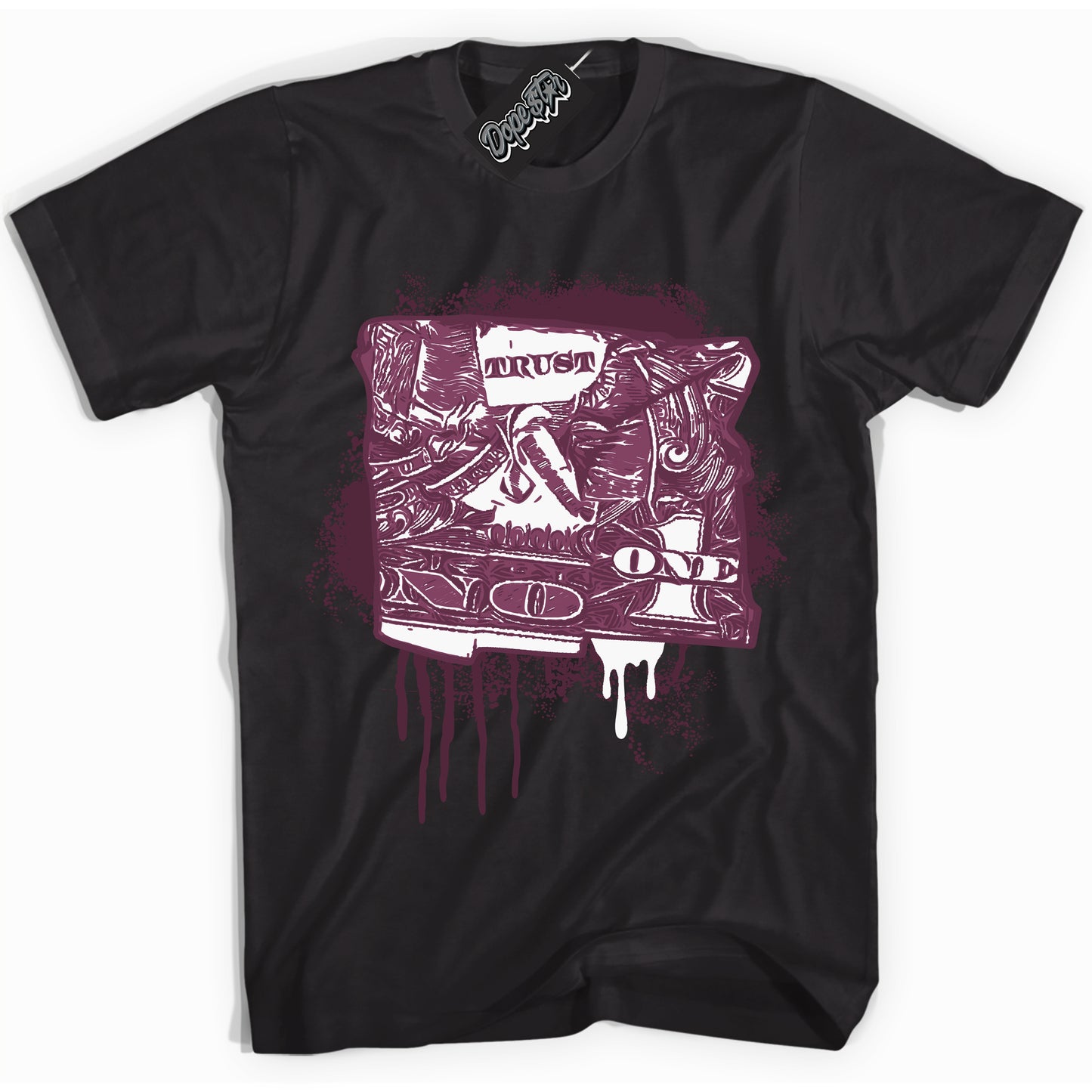 Cool Black Shirt with “ Trust No One Dollar” design that perfectly matches White Viotech Dunks.