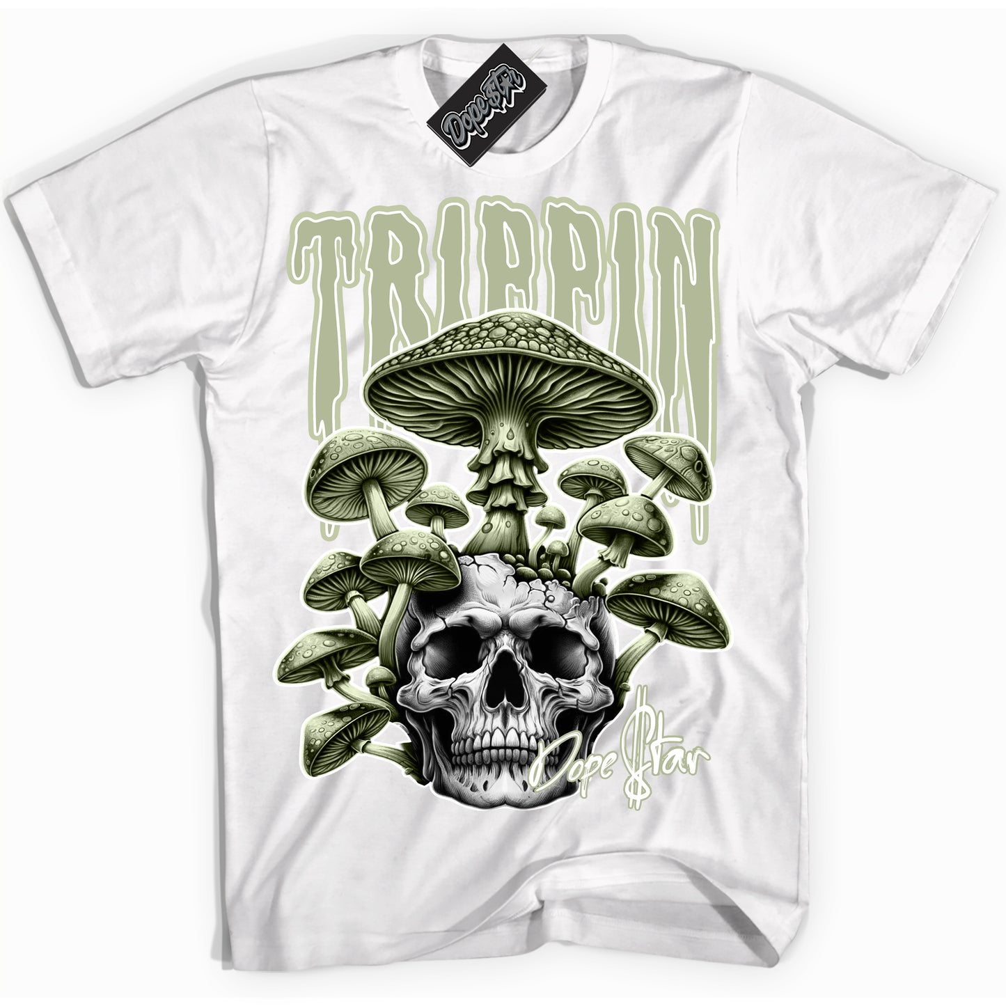 Cool White Shirt with “Trippin” design that perfectly matches Next Nature Olive Aura Dunk.