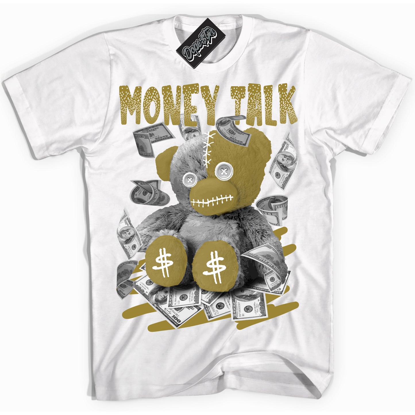 Cool White Shirt with “Money Talk Bear” design that perfectly matches Pacific Moss Dunks.