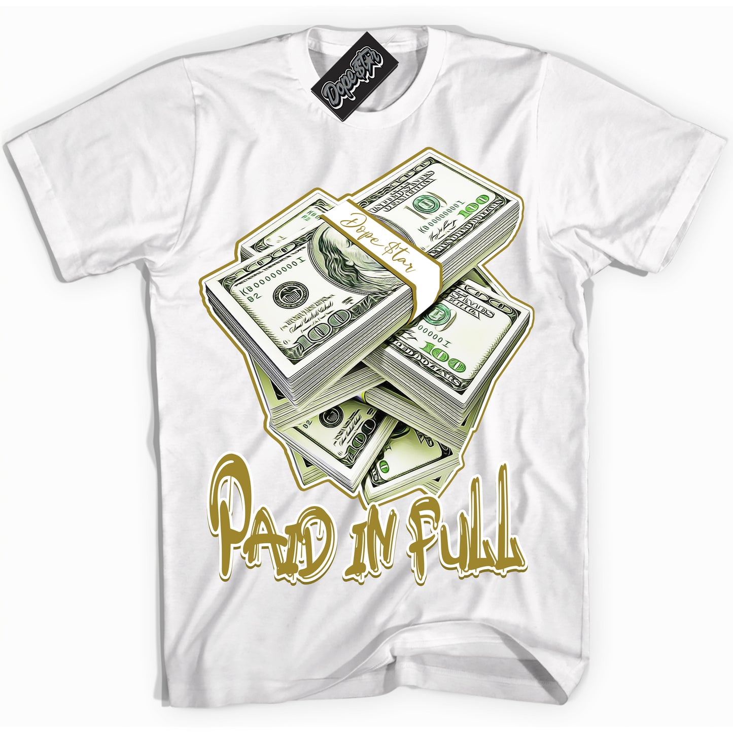 Cool White Shirt with “Paid In Full” design that perfectly matches Pacific Moss Dunks.