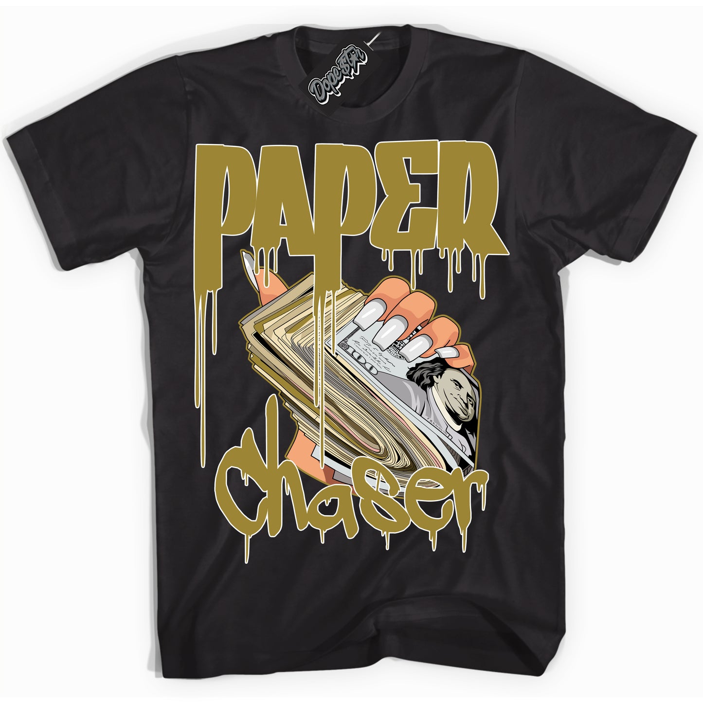 Cool Black Shirt with “Paper Chaser” design that perfectly matches Pacific Moss Dunks.